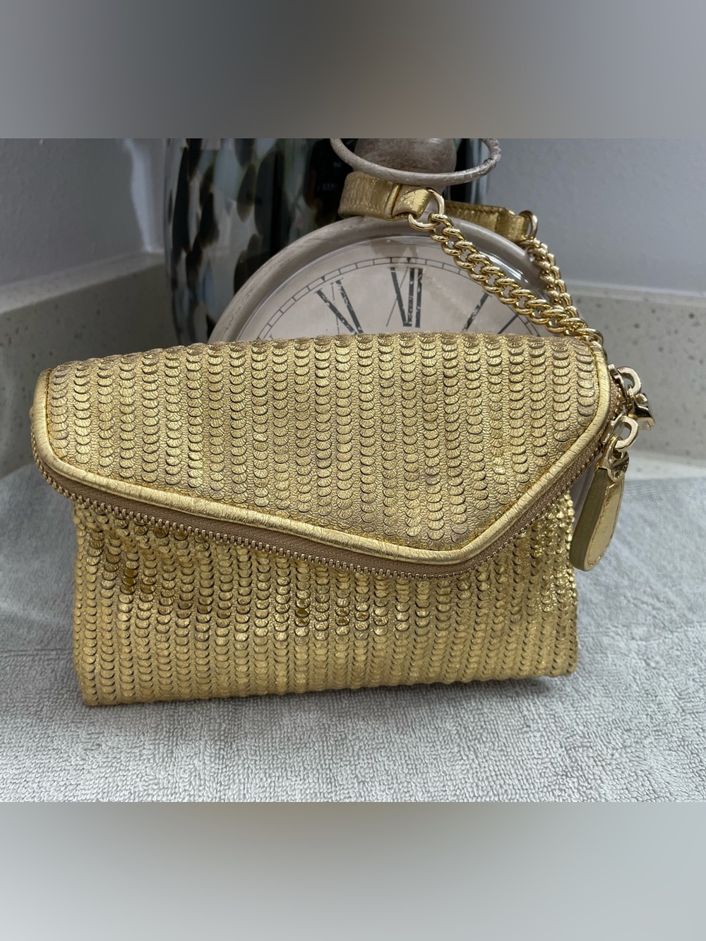 henri bendel Gold Sequin Envelope Clutch with Chain Strap
